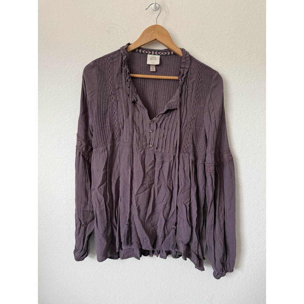 Knox Rose Purple Embroidered Lace Tassel V Neck Peasant Blouse Top Womens M